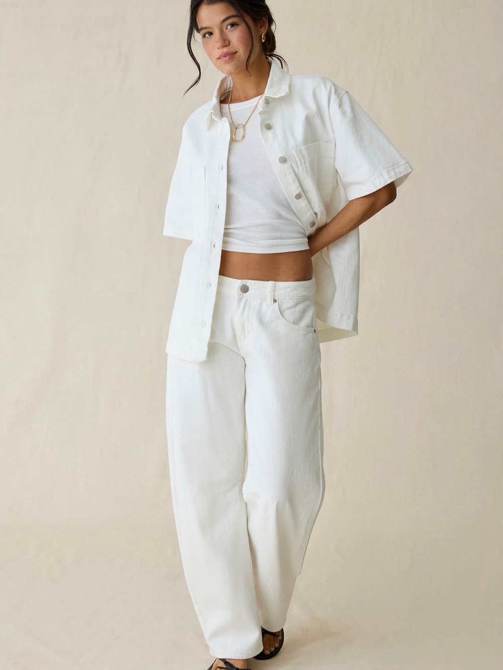 ASOS DESIGN denim long line shirt in ecru